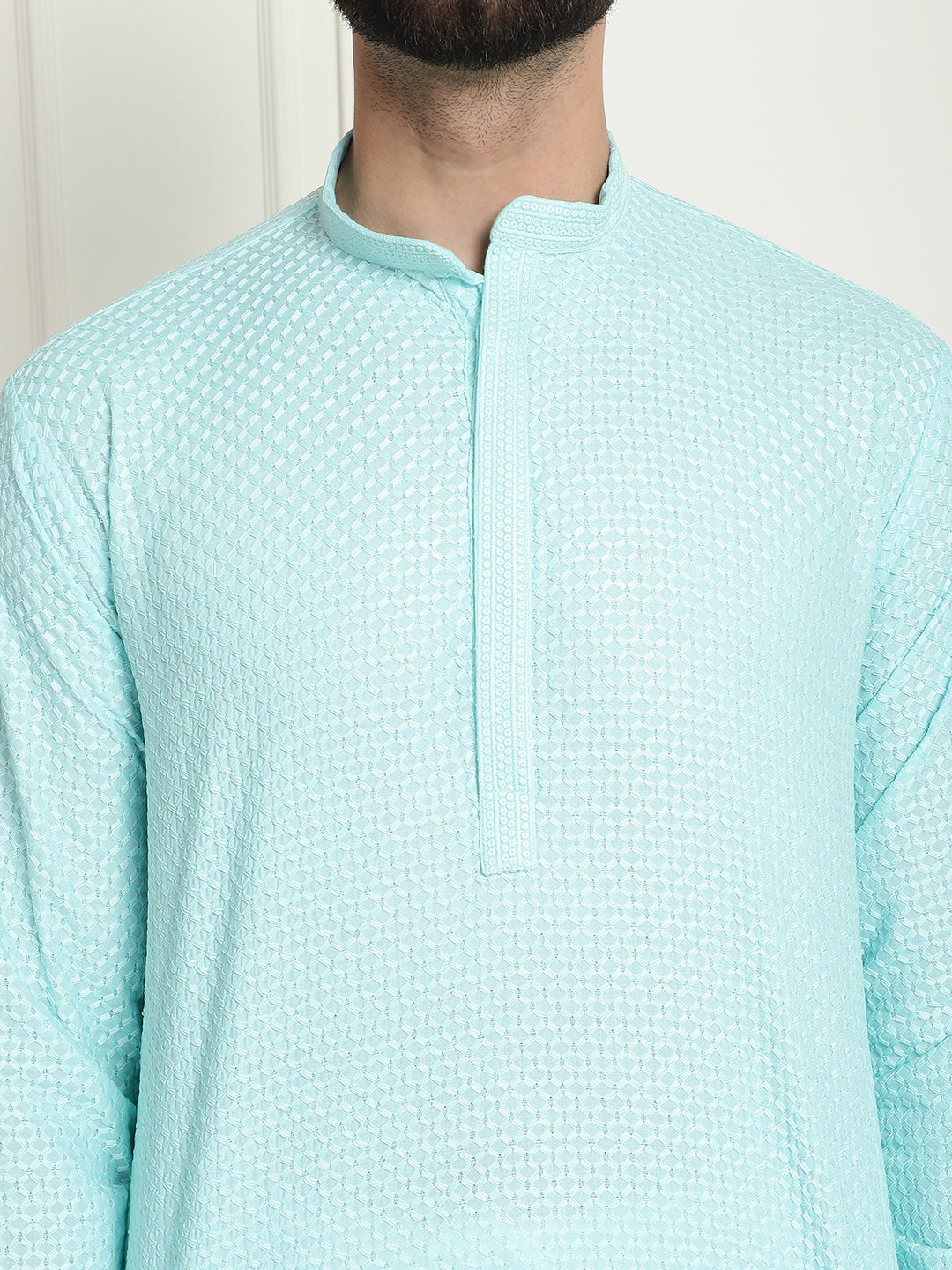 Men's Cotton Embroidered Thread Work Sky Blue Kurta