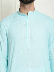 Men's Cotton Embroidered Thread Work Sky Blue Kurta