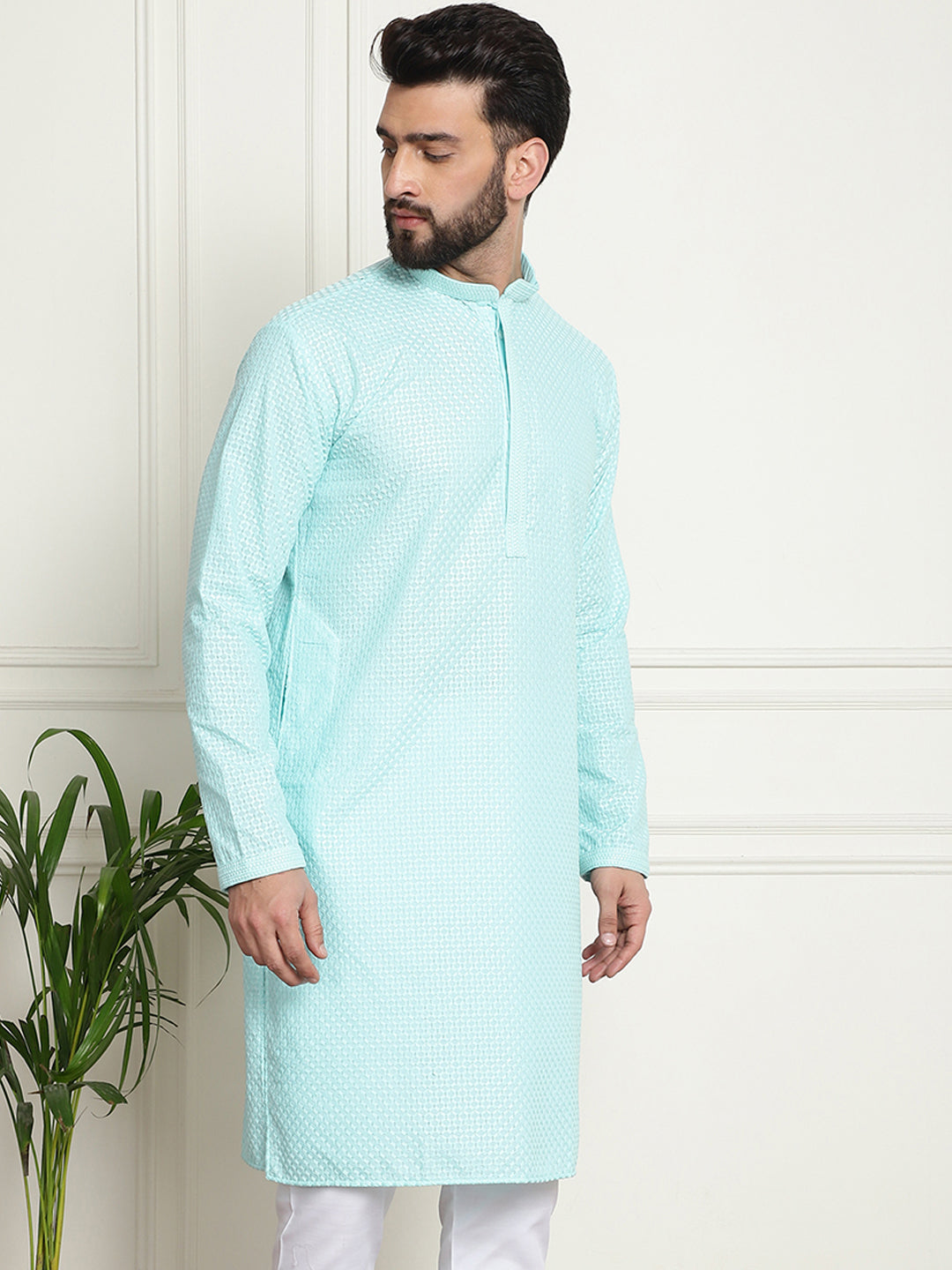 Men's Cotton Embroidered Thread Work Sky Blue Kurta