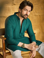 Men's Cotton checkered Embroidered Bottle Green Kurta with White Pyjama