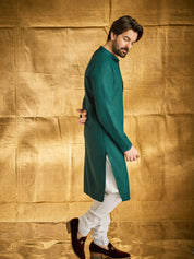 Men's Cotton checkered Embroidered Bottle Green Kurta with White Pyjama