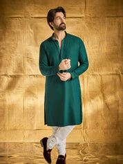Men's Cotton checkered Embroidered Bottle Green Kurta with White Pyjama