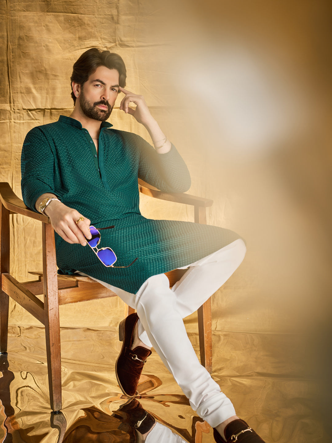 Men's Cotton checkered Embroidered Bottle Green Kurta with White Pyjama