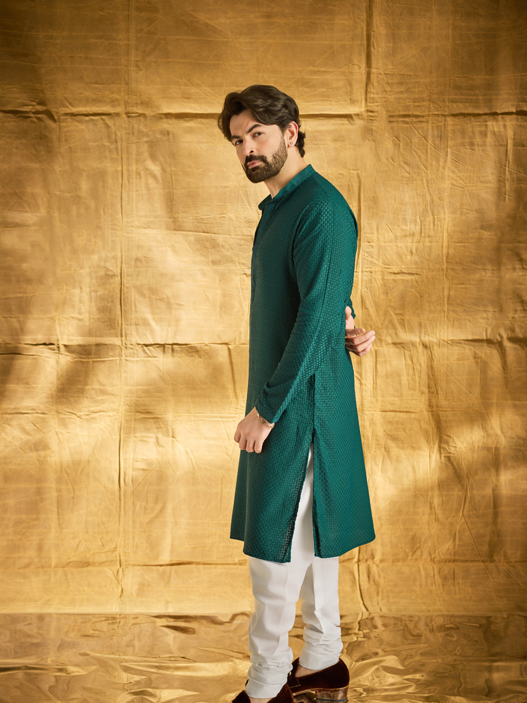Men's Cotton Embroidered Thread Work Bottle Green Kurta