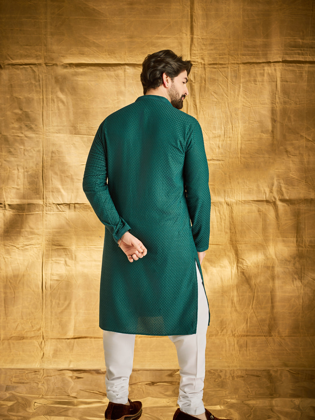 Men's Cotton Embroidered Thread Work Bottle Green Kurta