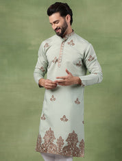 Men's Cotton Contrast Coffee Thread Embroidered Green Long Kurta