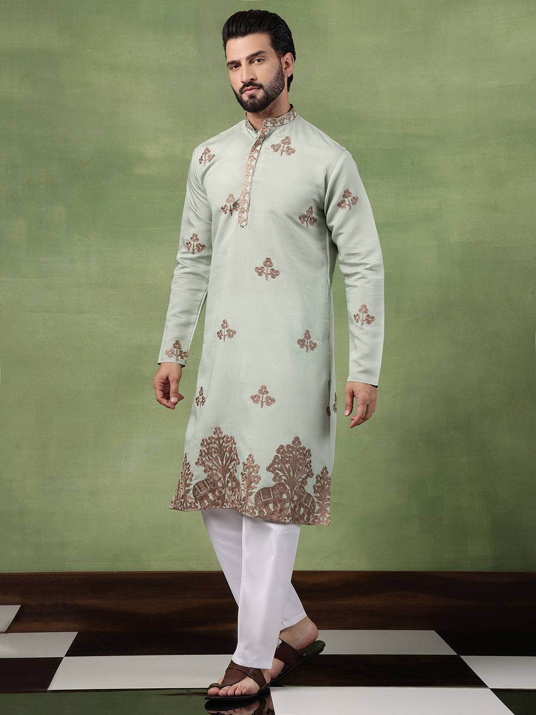 Men's Cotton Contrast Coffee Thread Embroidered Green Long Kurta