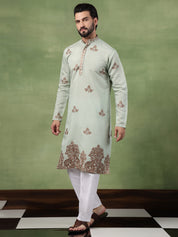 Men's Cotton Contrast Coffee Thread Embroidered Green Long Kurta
