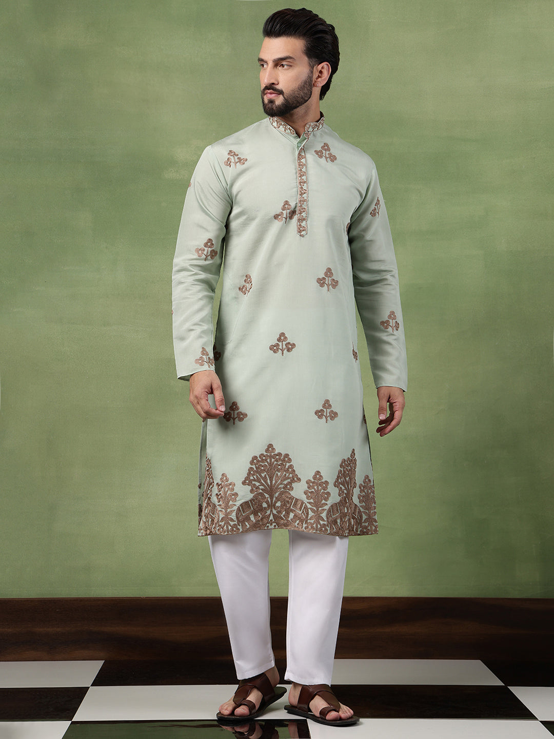 Men's Cotton Contrast Coffee Thread Embroidered Green Long Kurta