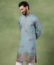 Men's Cotton Contrast Coffee Thread Embroidered Teal Long Kurta