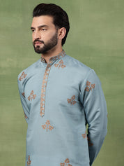 Men's Cotton Contrast Coffee Thread Embroidered Teal Long Kurta