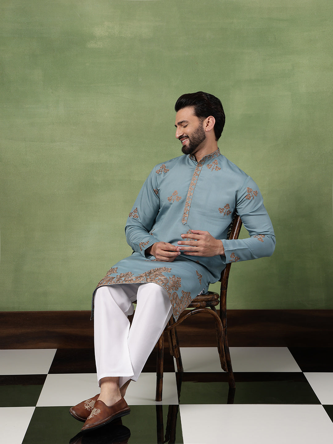 Men's Cotton Contrast Coffee Thread Embroidered Teal Long Kurta