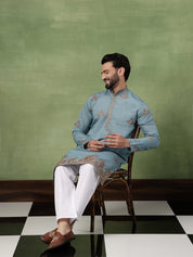 Men's Cotton Floral Thread Embroidered Teal Kurta With Pyjama