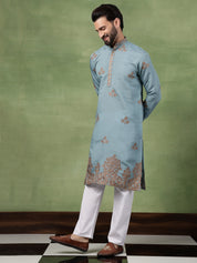 Men's Cotton Floral Thread Embroidered Teal Kurta With Pyjama