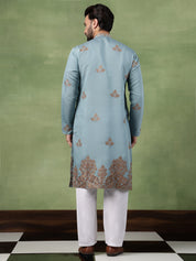 Men's Cotton Floral Thread Embroidered Teal Kurta With Pyjama
