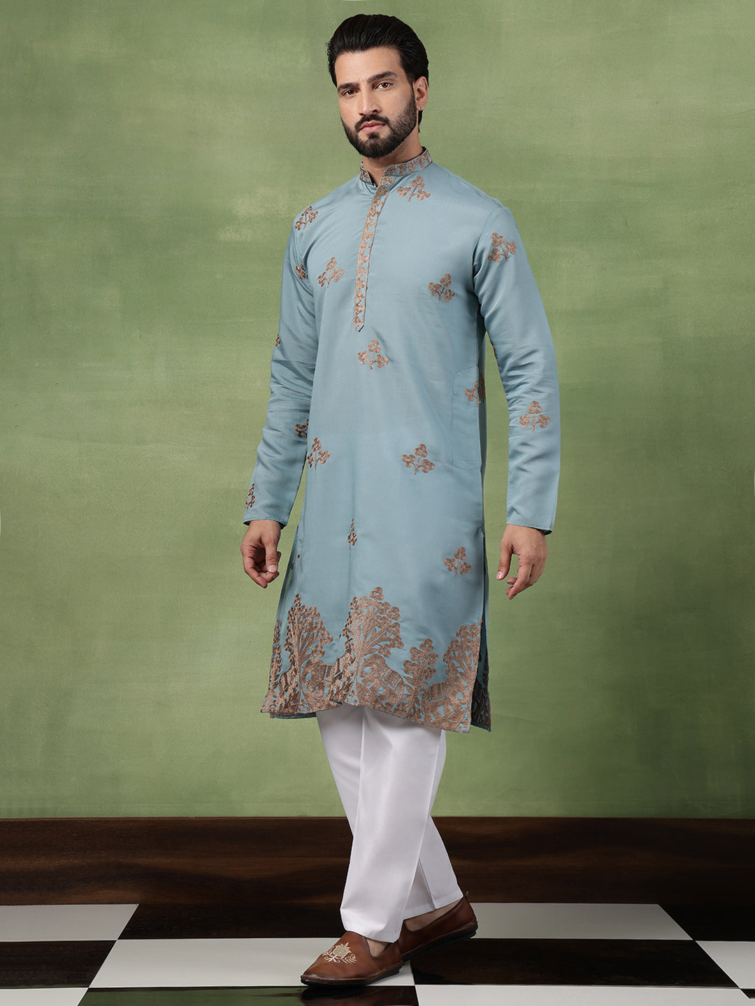 Men's Cotton Floral Thread Embroidered Teal Kurta With Pyjama