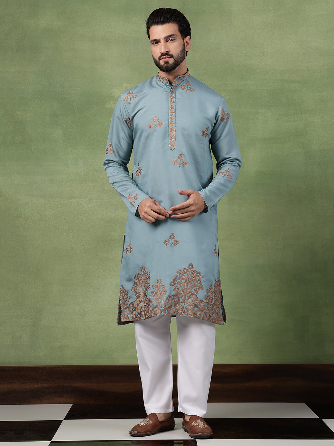 Men's Cotton Floral Thread Embroidered Teal Kurta With Pyjama