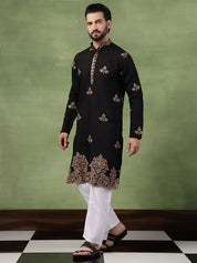 Men's Cotton Contrast Coffee Thread Embroidered Black Long Kurta