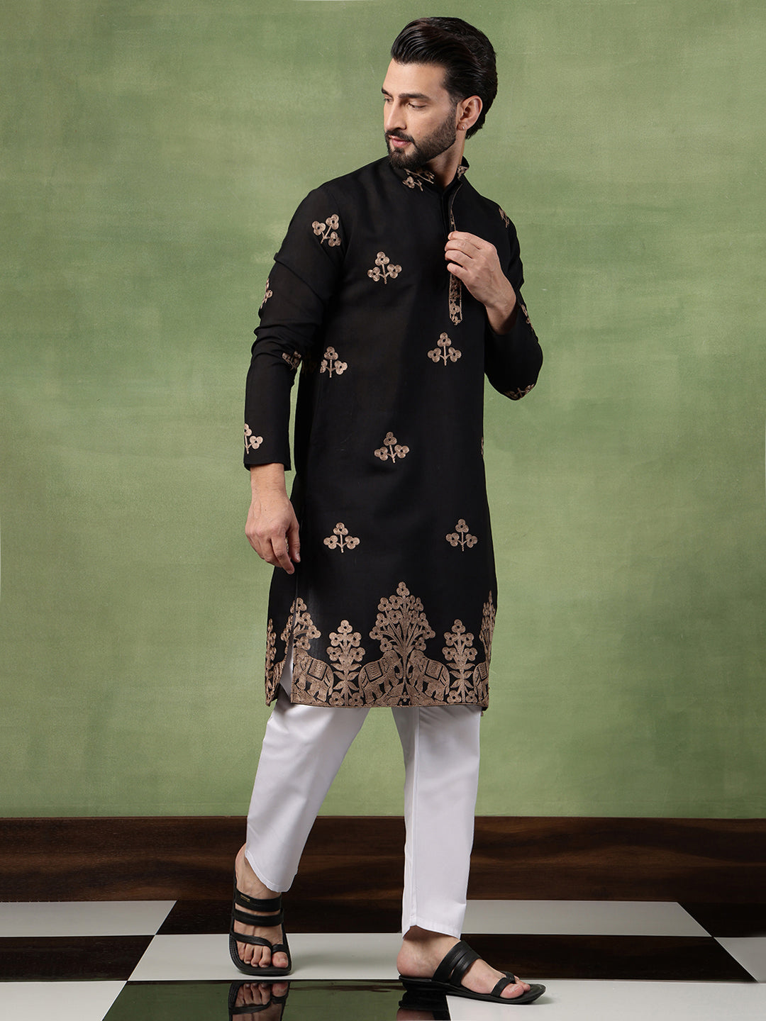 Men's Cotton Contrast Coffee Thread Embroidered Black Long Kurta