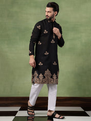 Men's Cotton Contrast Coffee Thread Embroidered Black Long Kurta