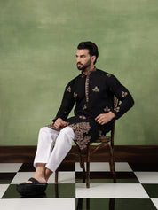 Men's Cotton Contrast Coffee Thread Embroidered Black Long Kurta
