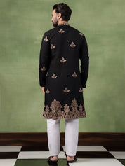 Men's Cotton Floral Thread Embroidered Black Kurta With Pyjama