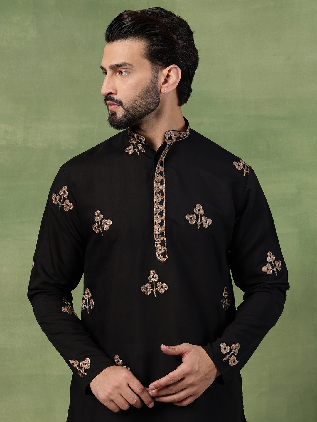 Men's Cotton Floral Thread Embroidered Black Kurta With Pyjama