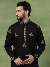 Men's Cotton Floral Thread Embroidered Black Kurta With Pyjama