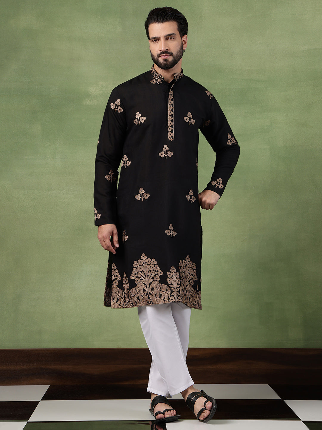 Men's Cotton Floral Thread Embroidered Black Kurta With Pyjama