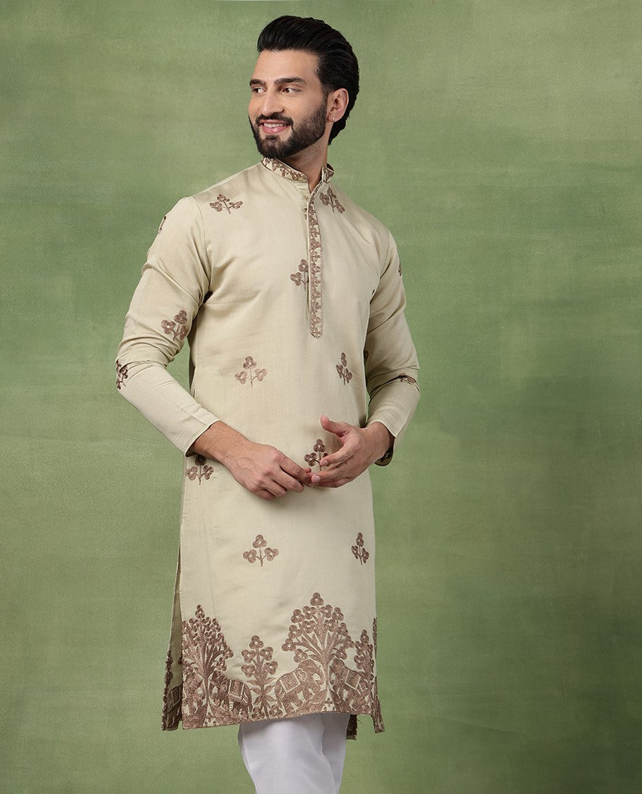 Men's Cotton Contrast Coffee Thread Embroidered Pista Long Kurta