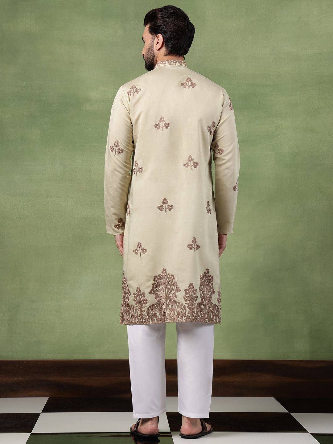 Men's Cotton Contrast Coffee Thread Embroidered Pista Long Kurta