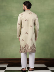 Men's Cotton Contrast Coffee Thread Embroidered Pista Long Kurta