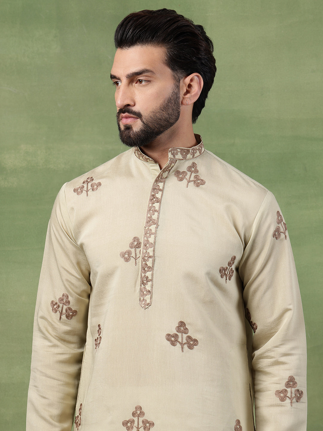 Men's Cotton Contrast Coffee Thread Embroidered Pista Long Kurta