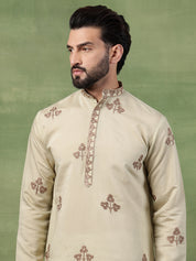 Men's Cotton Contrast Coffee Thread Embroidered Pista Long Kurta