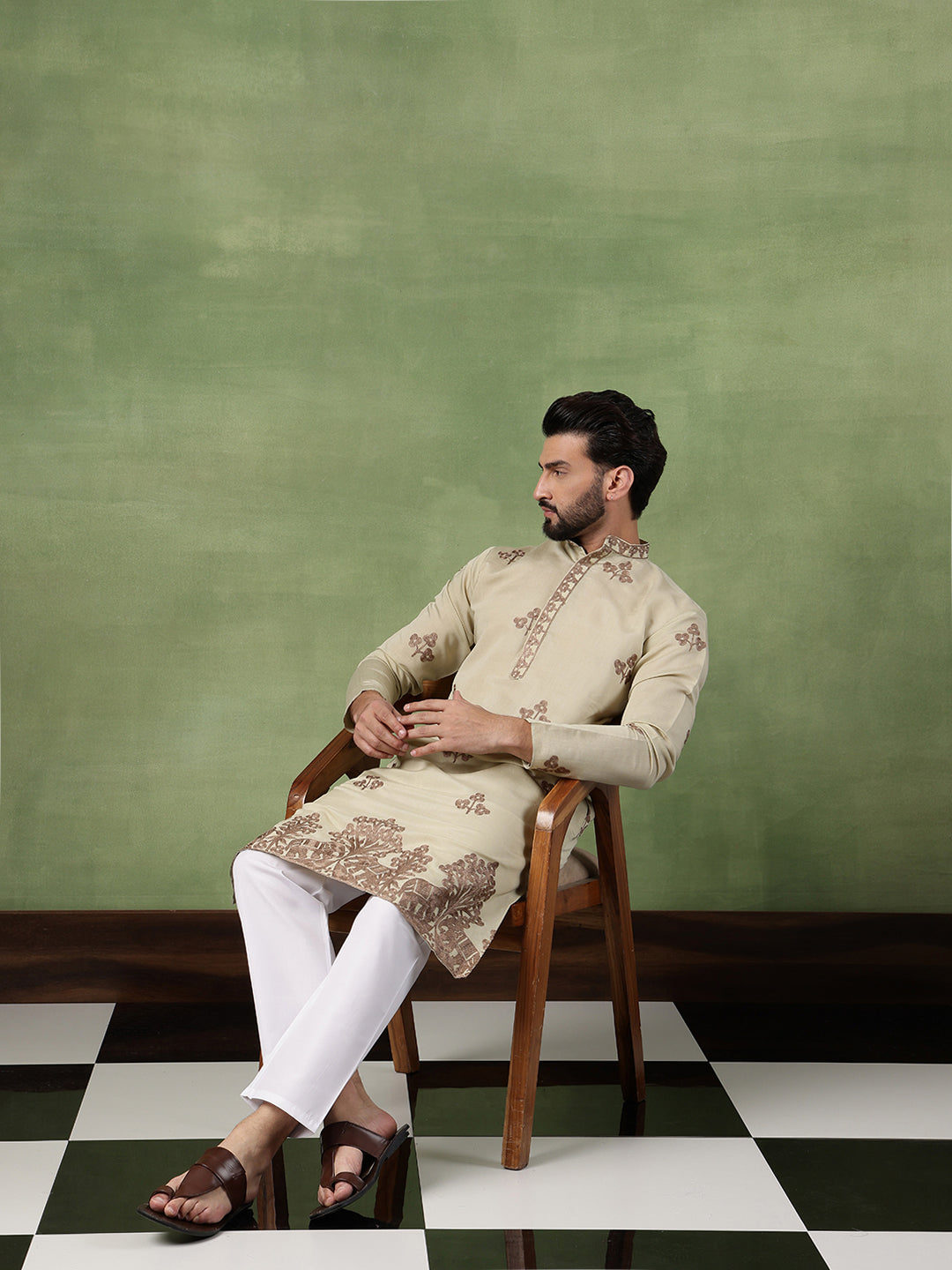 Men's Cotton Contrast Coffee Thread Embroidered Pista Long Kurta
