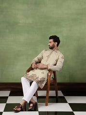 Men's Cotton Contrast Coffee Thread Embroidered Pista Long Kurta