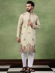 Men's Cotton Contrast Coffee Thread Embroidered Pista Long Kurta