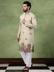 Men's Cotton Floral Thread Embroidered Pista Kurta With Pyjama