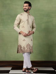 Men's Cotton Floral Thread Embroidered Pista Kurta With Pyjama