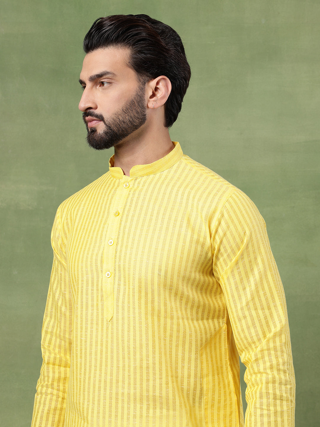 Men's Pure Cotton Striped Yellow Long Kurta