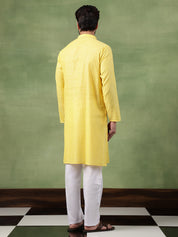 Men's Pure Cotton Striped Yellow Long Kurta