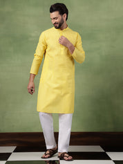 Men's Pure Cotton Striped Yellow Long Kurta