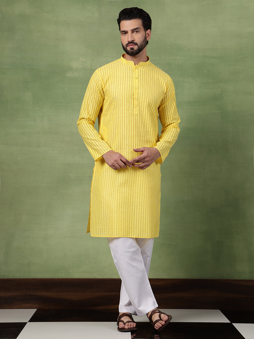 Men's Pure Cotton Striped Yellow Long Kurta
