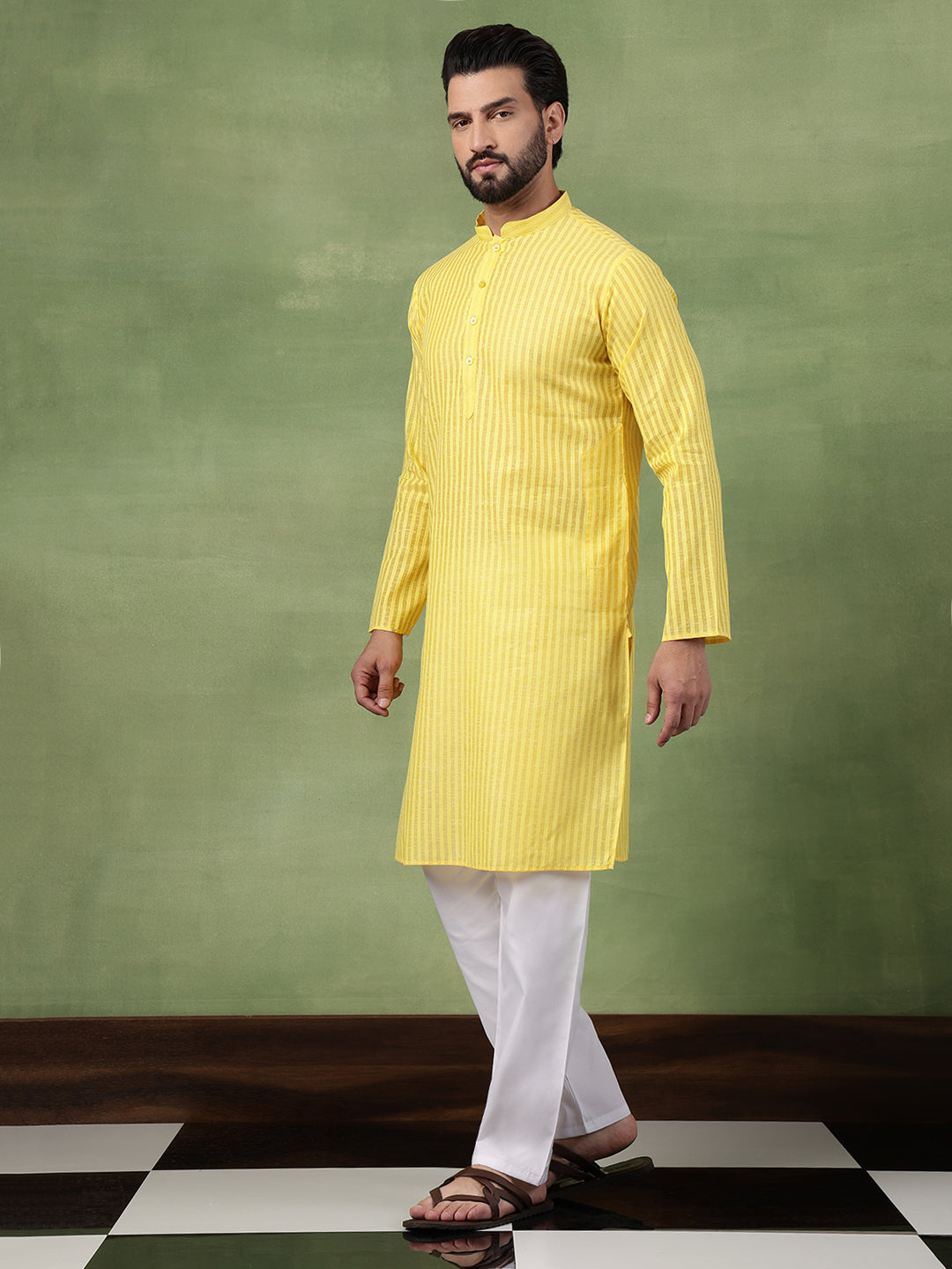Men's Pure Cotton Striped Yellow Kurta With White Pyjama