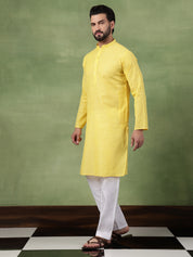 Men's Pure Cotton Striped Yellow Kurta With White Pyjama