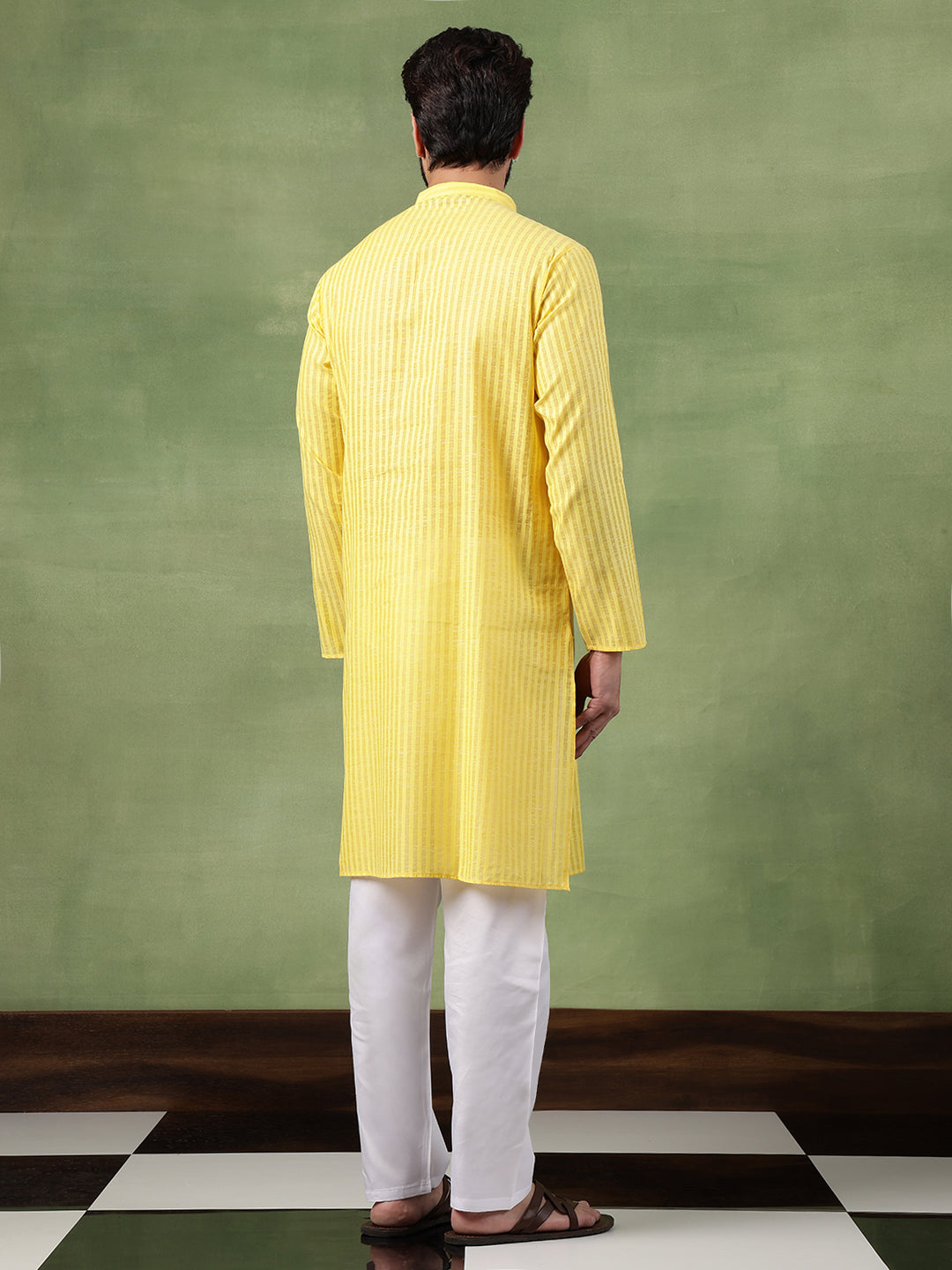 Men's Pure Cotton Striped Yellow Kurta With White Pyjama