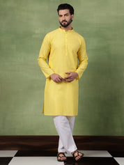 Men's Pure Cotton Striped Yellow Kurta With White Pyjama