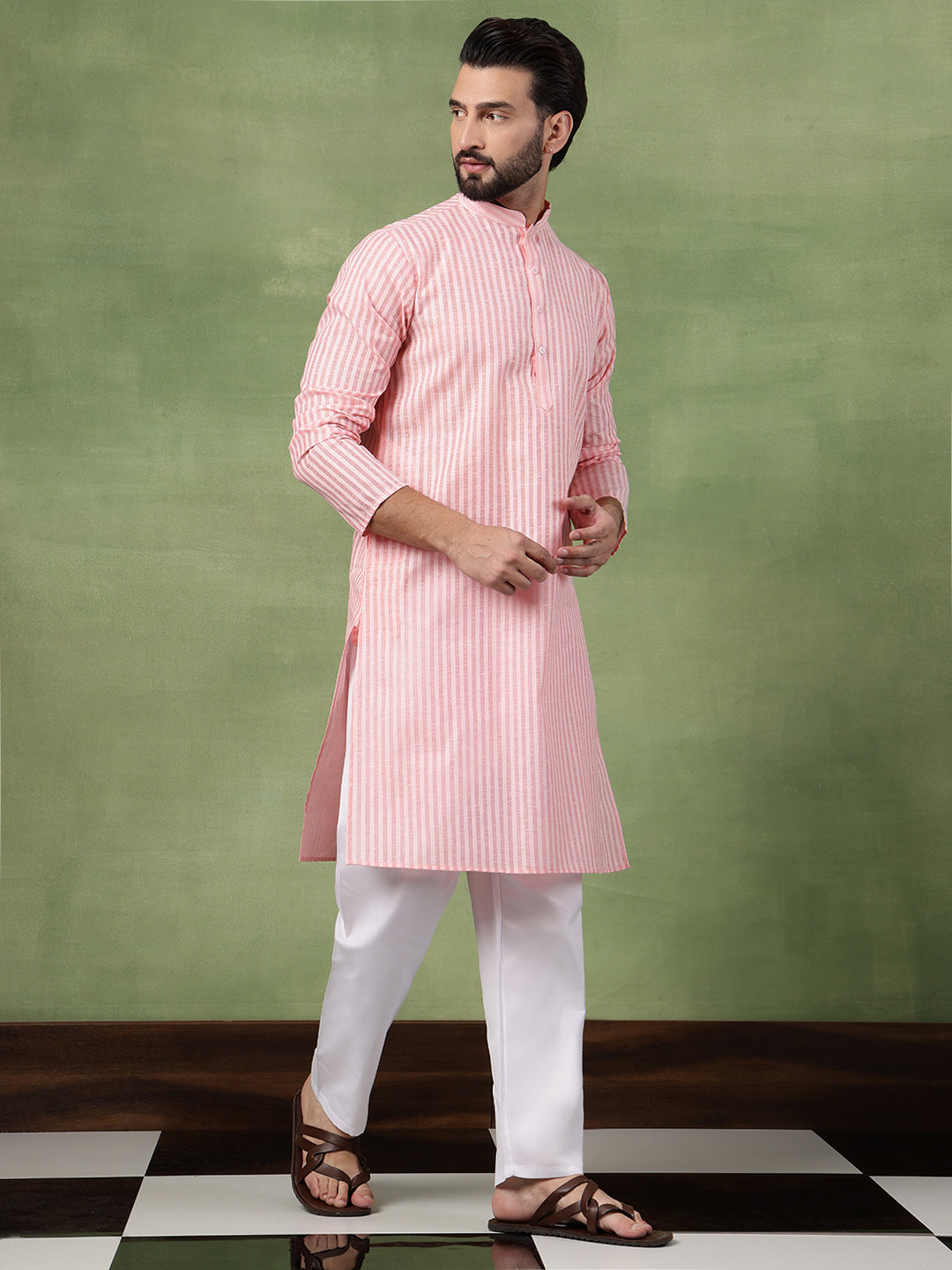 Men's Pure Cotton Striped Pink Long Kurta