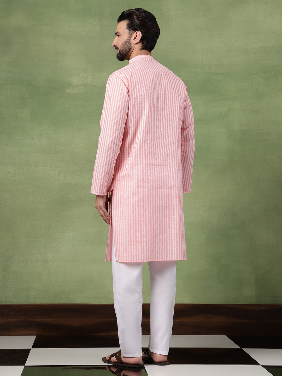 Men's Pure Cotton Striped Pink Long Kurta