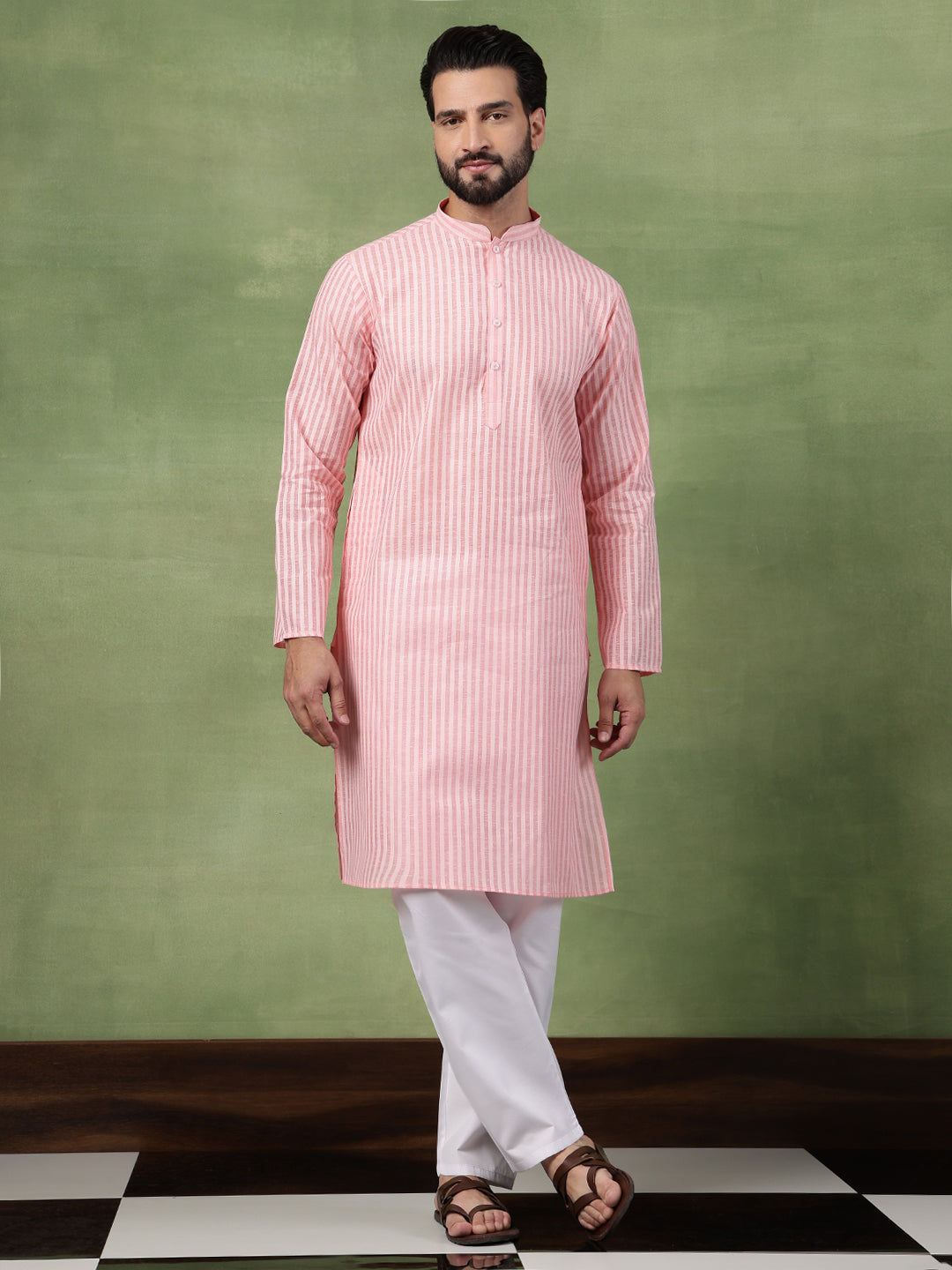 Men's Pure Cotton Striped Pink Long Kurta